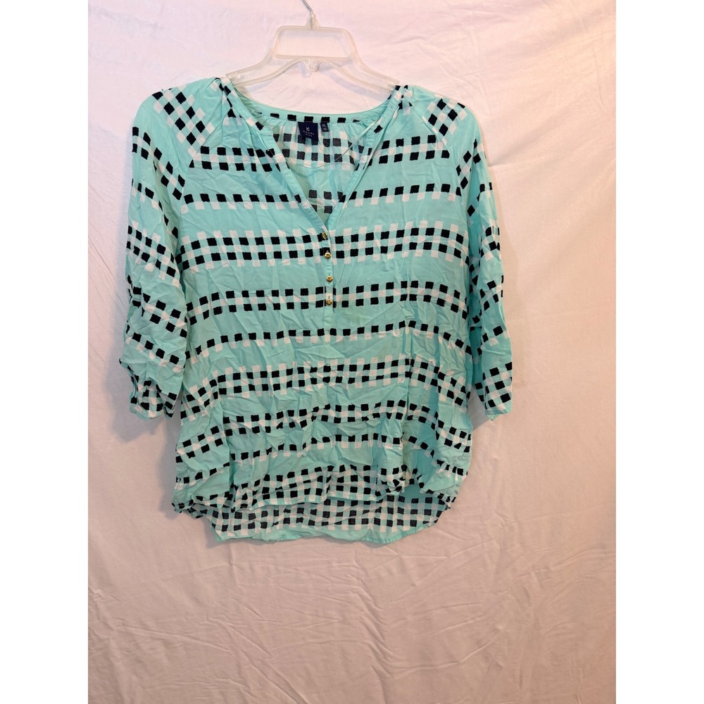 Kaari Blue Womens XL Mint Aqua Checkered Button V-Neck 3/4 Sleeve Rayon Blouse
